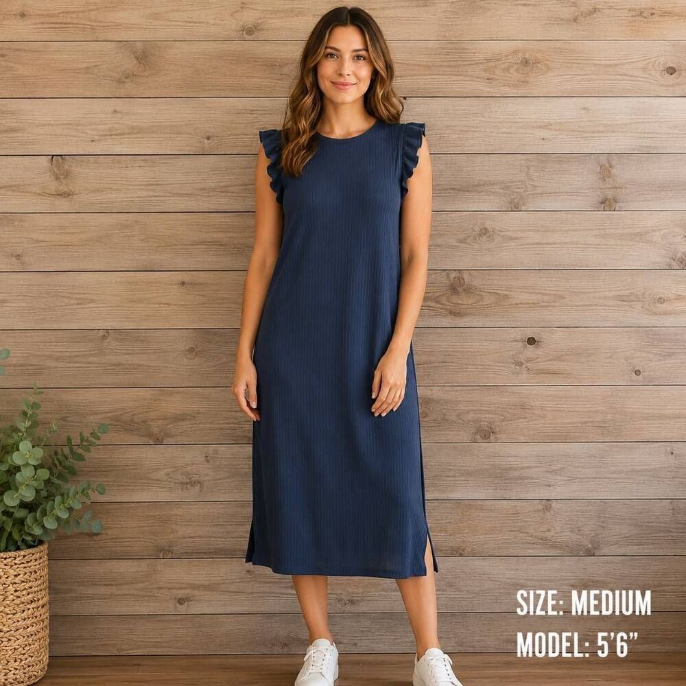 Maurices Medium Navy Ribbed Ruffle Sleeve Midi Dress